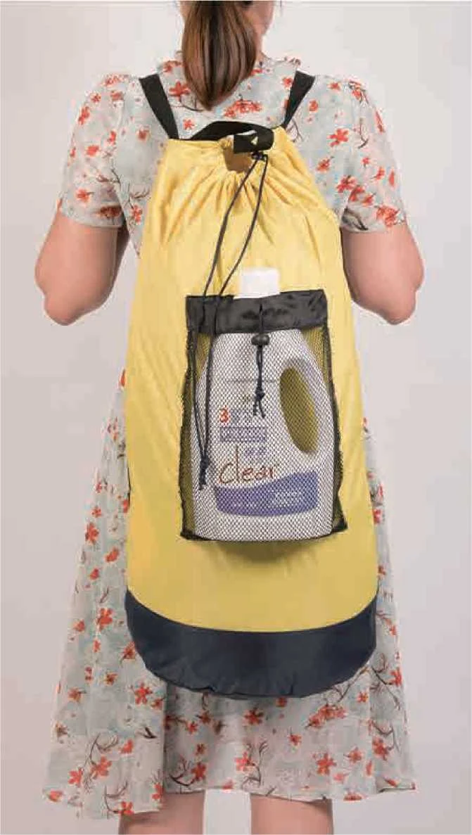 Yellow drawstring laundry backpack with a black mesh front pocket