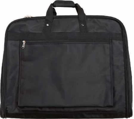 Black folding garment carrier with handles and a zipped front pocket