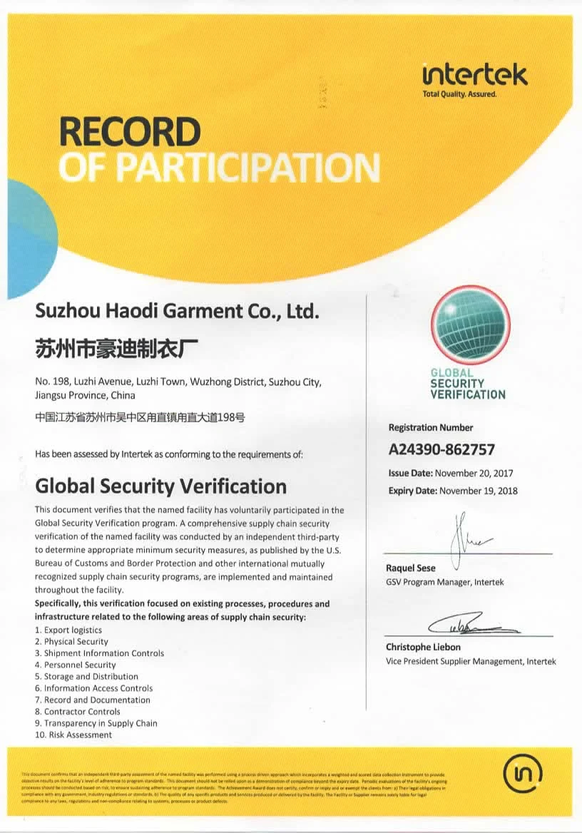 Intertek Global Security Verification participation record for Suzhou Haodi Garment Co., Ltd., expired November 2018