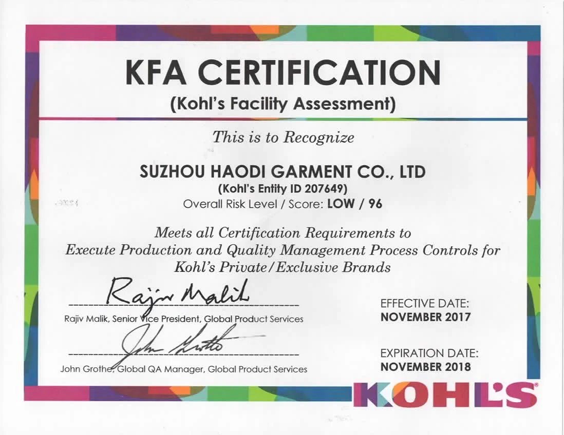 Kohl's Facility Assessment certificate for Suzhou Haodi Garment Co., Ltd., expired November 2018